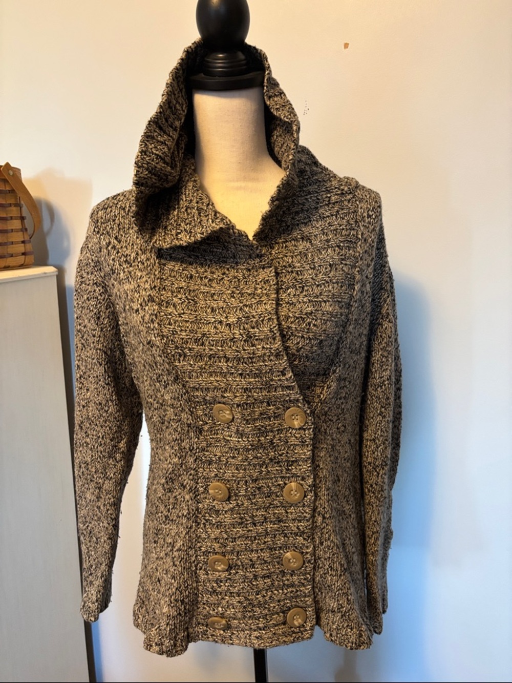 Dress Barn Chunky Marled Hooded Button-Front Sweater -Khaki/Black- Size L